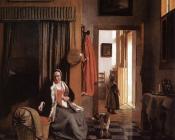 皮特尔 德 胡格 : Mother Lacing Her Bodice beside a Cradle